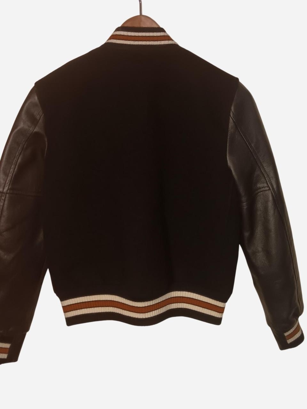 Coach Black Leather-Sleeve Varsity Jacket w/ Striped Trim - - Picture 2 of 8